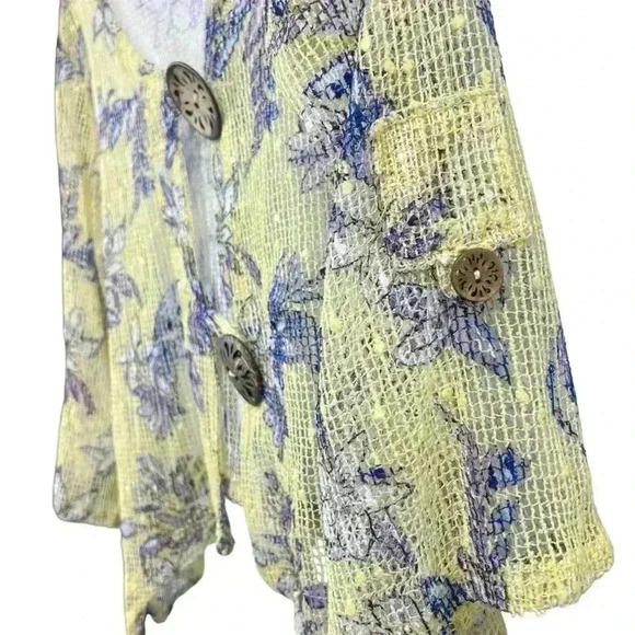 Nina Leonard Floral Yellow/Purple Sheer Open Weave Cardigan Wooden Buttons Med - Picture 4 of 4